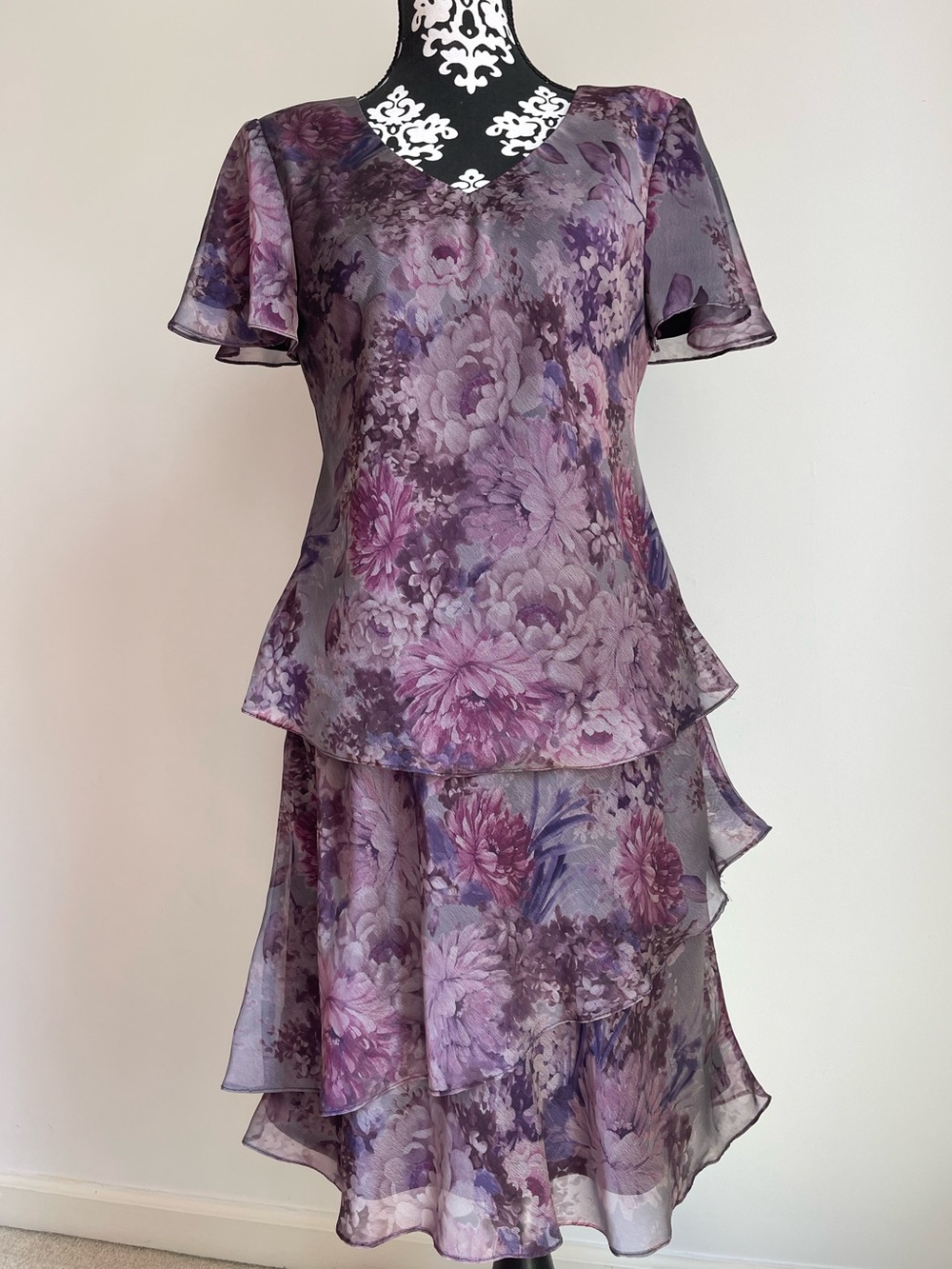 R&M Richards Lavender Floral Tiered Chiffon Skirt Set